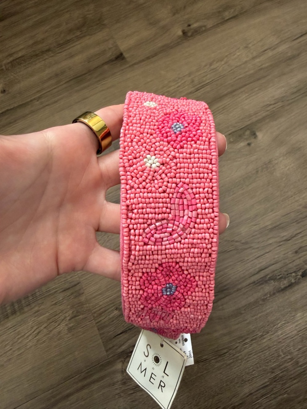Pink Beaded Floral Shoulder Bag with Wide Strap - Picture 7 of 9